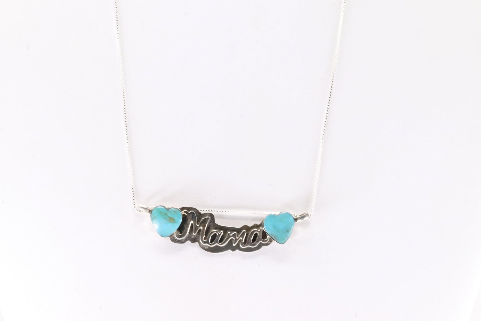 Native America Navajo Sterling Silver Turquoise Heart & Mama word Necklace By Myra Benally.: This is a Native America Navajo Sterling Silver Turquoise Heart & Mama Word Necklace By Myra Benally. Necklace length: 16.00"