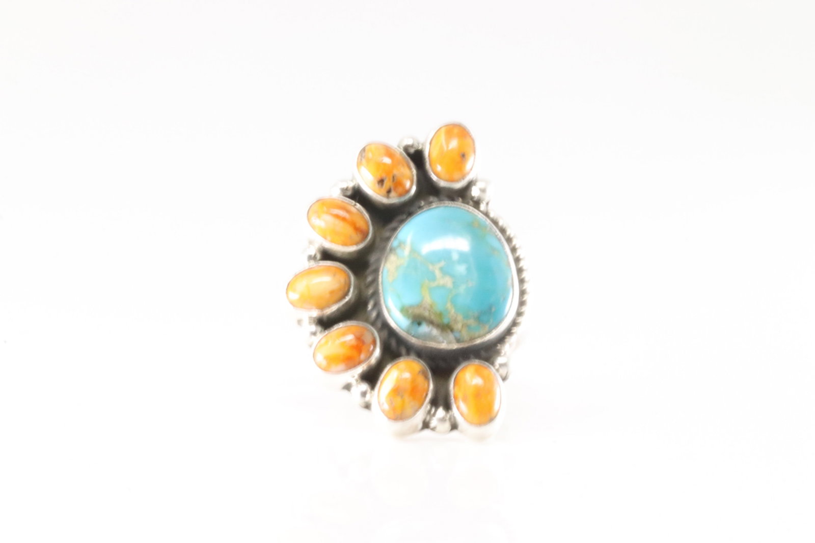 Native America Navajo Sterling Silver Turquoise & Spiny Oyster Ring By G.James. (1 of 4)
