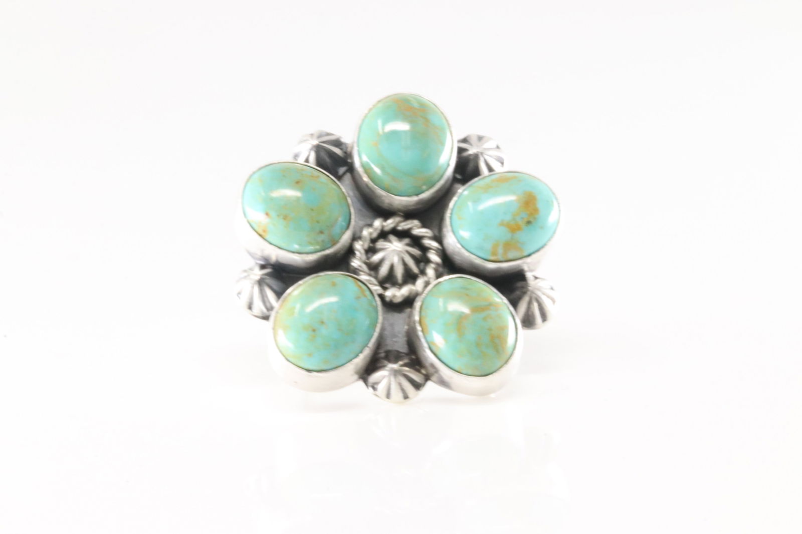 Native American Navajo Sterling Silver Kingman Turquoise Flower Design Ring By Donovan Skeets. (1 of 4)