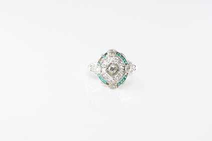Art Deco Emerald & Diamond Ring 14Kt.