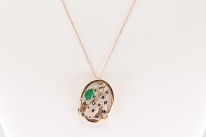 Emerald / Sapphire & Diamond Leopard Pendant & Necklace 14Kt.