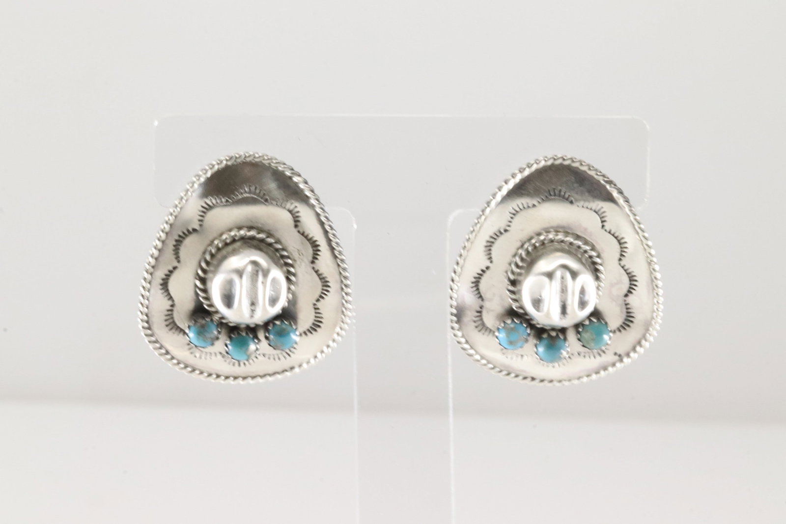 Native America Navajo Sterling Silver Turquoise Cowboy Hat Post Earring's By Bobby Platero.: This is a Native America Navajo Sterling Silver Turquoise Cowboy Hat Post Earring's By Bobby Platero.