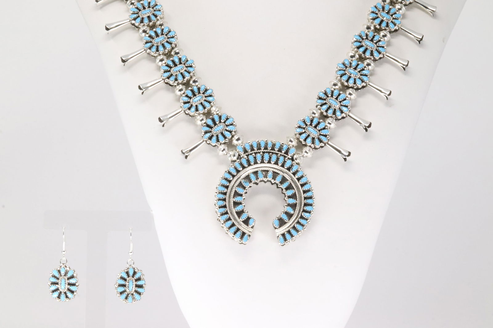 Native America Navajo Sterling Silver Synthetic Turquoise & Coral Double FaceSquash Blossom Necklace (1 of 6)