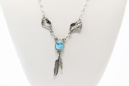 Native America Navajo Sterling Silver Turquoise Necklace By Verley Betone.