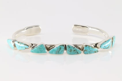 Native America Navajo Sterling Silver Turquoise Bracelet Cuff By Sadie Jim.