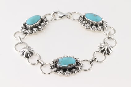 Native America Navajo Sterling Silver Turquoise Bracelet Link By Arlene Lewis.