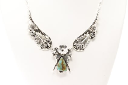 Native America Navajo Sterling Silver Turquoise Necklace Floral By Loretta Delgarito.