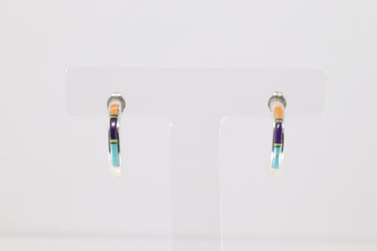 Native America Navajo Sterling Silver Multi-Color Inlay Hoop Earring's.