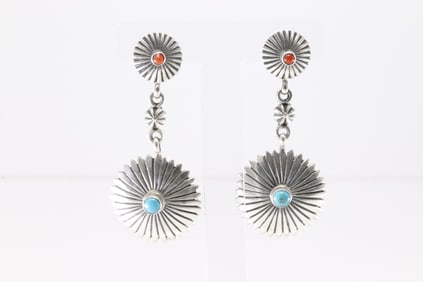 Native America Navajo Sterling Silver Coral & Turquoise Post / Dangling Earring's By Verley Betone.