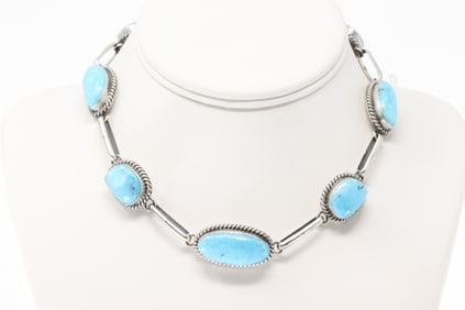 Native America Navajo Sterling Silver Kingman Turquoise Necklace By M. Spencer.