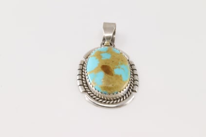 Native America Navajo Sterling Silver Kingman Turquoise Pendant By Freida Martinez.