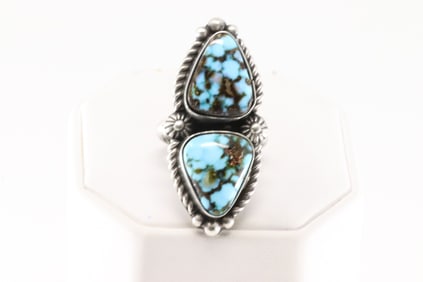 Native America Navajo Sterling Silver Turquoise Ring 2 Stone By Robert Shakey.