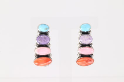 Native America Navajo Sterling Silver Multi-Color Stone Post Earring's By J.M.