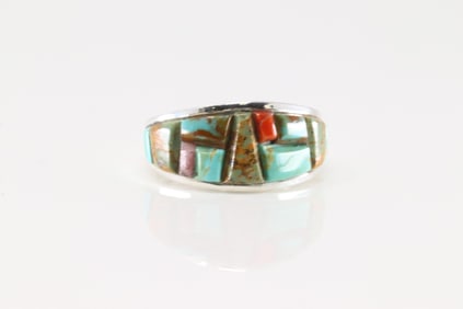 Native America Navajo Sterling Silver Multi-Color Stone Ring By Yazzie.