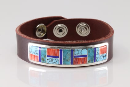 Native America Navajo Sterling Silver Multi-Color Stone Inlay Leather Bracelet By Edison Yazzie.