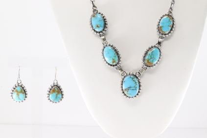 Native America Navajo Sterling Silver Kingman Turquoise Necklace & Earring's Set By M.Spencer.