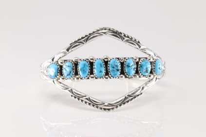 Native America Navajo Sterling Silver Turquoise Bracelet Cuff By M.Chee.