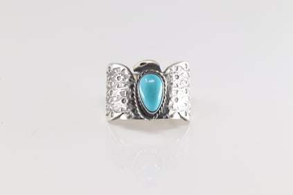 Native America Navajo Sterling Silver Turquoise Eagle Ring By F.