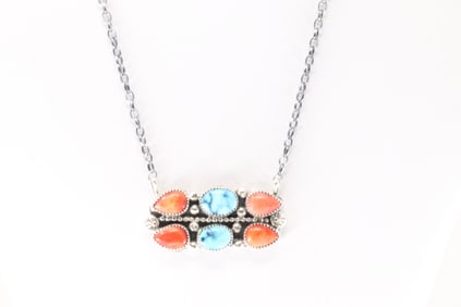 Native America Navajo Sterling Silver Spiny Oyster & Turquoise Necklace By Sheila Becenti.