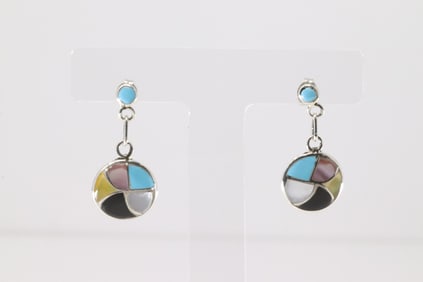Native America Zuni Sterling Silver Multi-Color Stone Inlay Post / Dangling Earring's By Orena