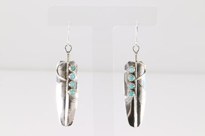 Native America Navajo Sterling Silver Turquoise Feather Dangling Earring's By Chester Charley.