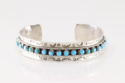 Native America Zuni Sterling Silver Coral & Turquoise Bracelet Cuff By P Ukestine.