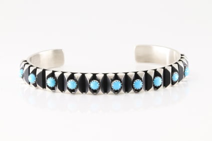 Native America Navajo Sterling Silver Turquoise Bracelet Cuff By L.Tahe.