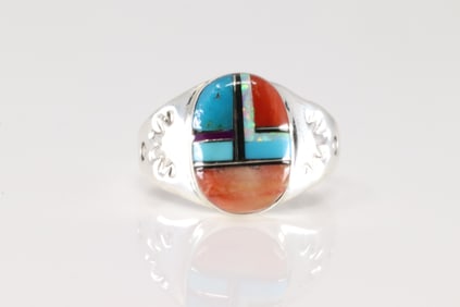 Native America Zuni Sterling Silver Multi-Color Stone Inlay Ring By M.L.