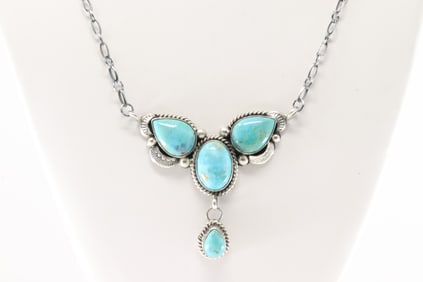 Native America Navajo Sterling Silver Kingman Turquoise Necklace By Juanita Long.
