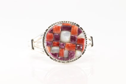 Native America Navajo Sterling Silver Multi-Color Stone Bracelet Cuff By S.E.