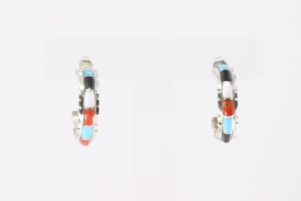 Native America Zuni Sterling Silver Multi-Color Stone Inlay Hoop Earring's By Sheldon Lilo.