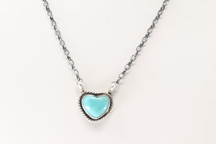 Native America Navajo Sterling Silver Kingman Turquoise Heart Necklace By Donovan Skeets.