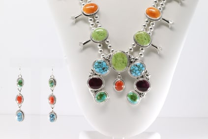 Native America Navajo Sterling Silver Multi-Color Stone Squash Blossom Necklace & Earring's Set By