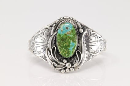 Native America Navajo Sterling Silver Sonora Gold Turquoise Bracelet Cuff By Jimmy Lee.