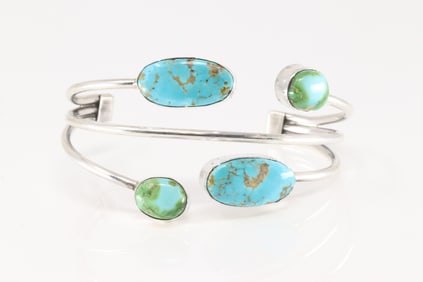 Native America Navajo Sterling Silver Sonora Gold Turquoise Bracelet Cuff By P.Johnson.