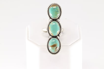 Native America Navajo Sterling Silver Kingman Turquoise Ring 3 Stone By A.M.