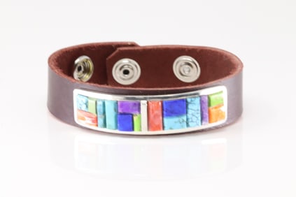 Native America Navajo Sterling Silver Multi-Color Stone Leather Bracelet By Edison Yazzie.