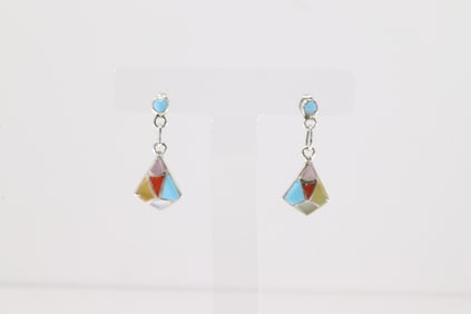 Native America Zuni Sterling Silver Multi-Color Stone Inlay Post / Dangling Earring's.