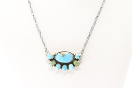 Native America Navajo Sterling Silver Kingman Turquoise Necklace By Geraldine James.