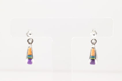 Native America Navajo Sterling Silver Multi-Color Stone Inlay Post Earring's.