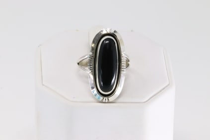 Native America Navajo Sterling Silver Black Onyx Ring By T.