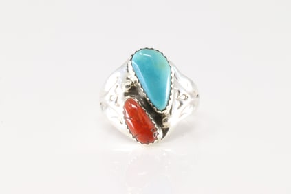 Native America Navajo Sterling Silver Coral & Turquoise Ring By M.L.
