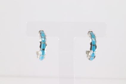 Native America Kingman Sterling Silver Turquoise Hoop Earring's By Sheldon Lilo.