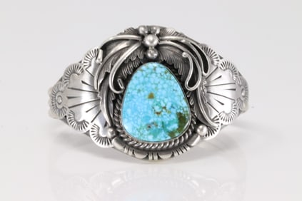 Native America Kingman Sterling Silver Kingman Turquoise Bracelet Cuff By Jimmy Lee.