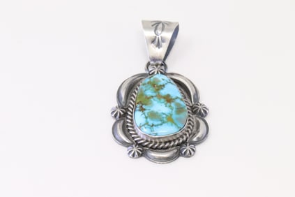 Native America Navajo Sterling Silver Kingman Turquoise Pendant By D.R.