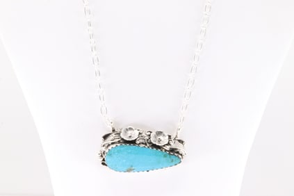 Native America Navajo Sterling Silver Turquoise Floral Necklace By Evelyn Bahe.