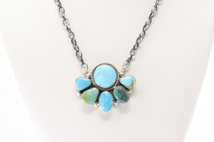 Native America Navajo Sterling Silver Kingman Turquoise Necklace By Elouise Kee.