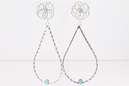 Native America Navajo Sterling Silver Turquoise Post / Dangling Earring's By Nelson Leonard.