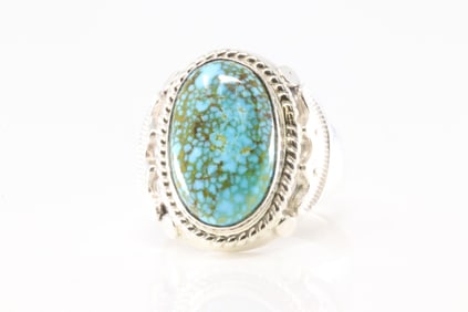 Native America Navajo Sterling Silver Kingman Turquoise Ring By A.T.