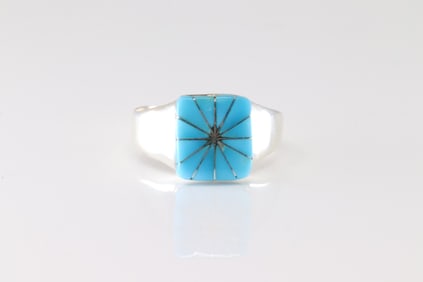 Native America Zuni Sterling Silver Turquoise Inlay Ring By J.L.